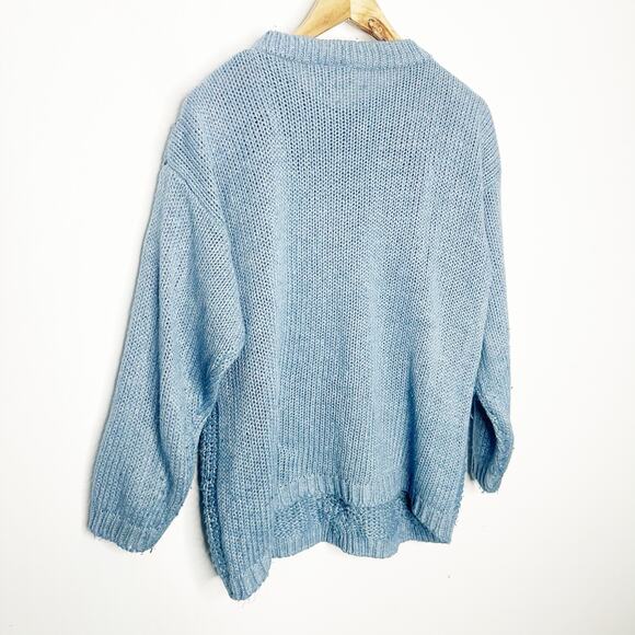 vtg 80's 90's NEEDLES & YARN floral embroidered chunky knit sweater blue size M - Picture 2 of 8